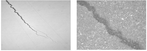 螺母淬火裂紋未腐蝕， 螺母淬火裂紋局部放大 500&times;