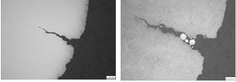 開口缺陷＋淬火裂紋形貌 缺陷與裂紋放大形貌200&times;
