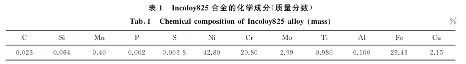 表１ Incoloy８２５合金的化學成分(質(zhì)量分數(shù))