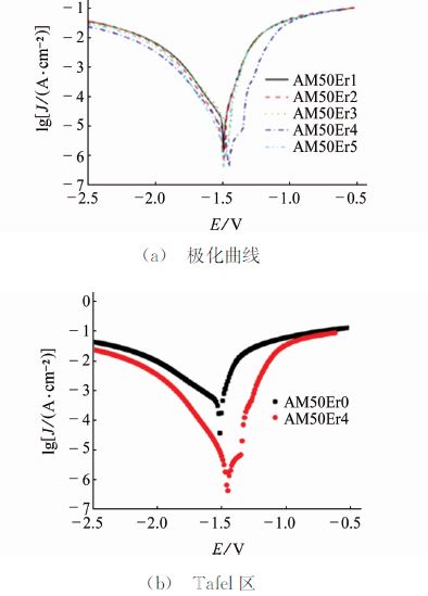 圖４ 不同Ｅｒ含量ＡＭ５０合金的極化曲線(xiàn)及Ｔａｆｅｌ區(qū)